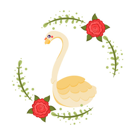 Isolated cute swan bird in a floral frame Vector illustrationのイラスト素材
