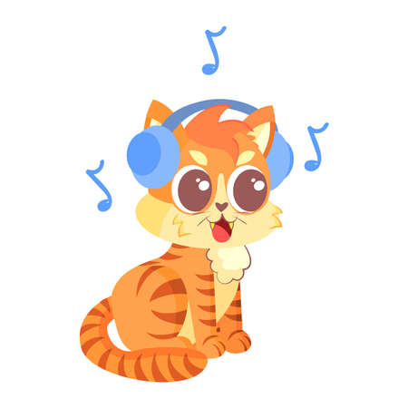 Isolated happy cat character listening to music with headphones Vector illustrationのイラスト素材