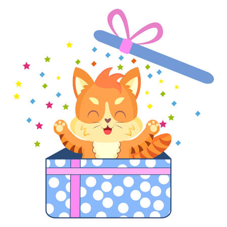 Isolated happy cute cat character on a present box Vector illustrationのイラスト素材