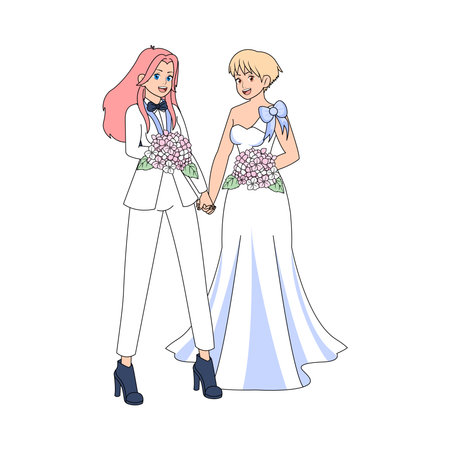 Vector Cute Wedding Couple Anime Characters Isolatedのイラスト素材