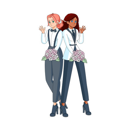 Vector Cute Wedding Couple Anime Characters Isolatedのイラスト素材