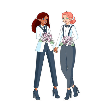 Vector Cute Wedding Couple Anime Characters Isolatedのイラスト素材