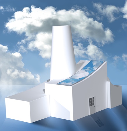 White factory with solar panels in cloudy weatherの写真素材