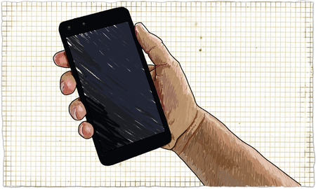 Illustration of Hand holding Smart Phone on Paper Backgroundの写真素材