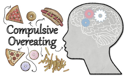 Compulsive Overeating illustrated with Junk Food and Brain Activity on white Backgroundの写真素材