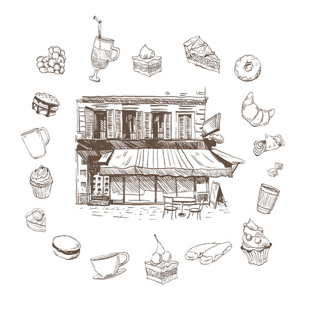 Cafe hand drawn, vector illustrationのイラスト素材