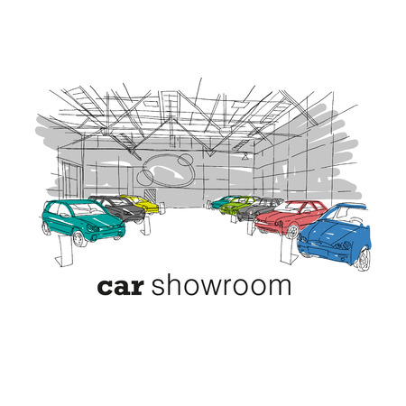 Car showroom interior design sketch. Hand drawn vector illustrationのイラスト素材