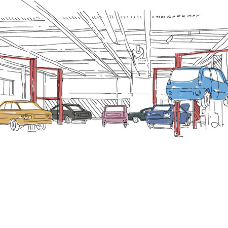 Auto service interior design sketch. Hand drawn vector illustrationのイラスト素材