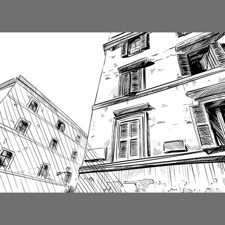 City hand drawn. Street sketch, illustrationのイラスト素材