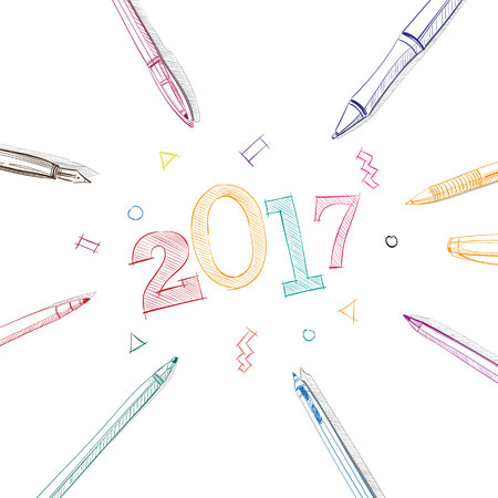 Beautiful letters. 2017 New Year in frame of pens.Hand drawn Vector illustration.のイラスト素材