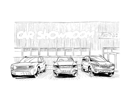 Car showroom exterior design sketch. Hand drawn vector illustrationのイラスト素材