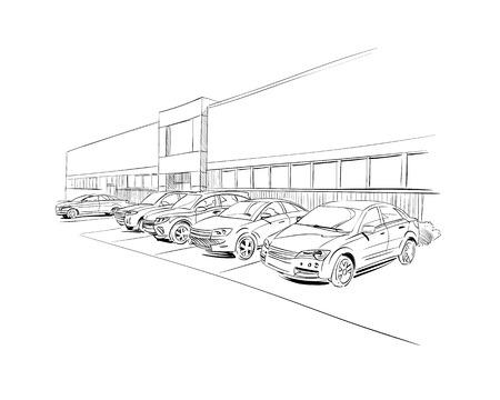 Car showroom exterior design sketch. Hand drawn vector illustrationのイラスト素材