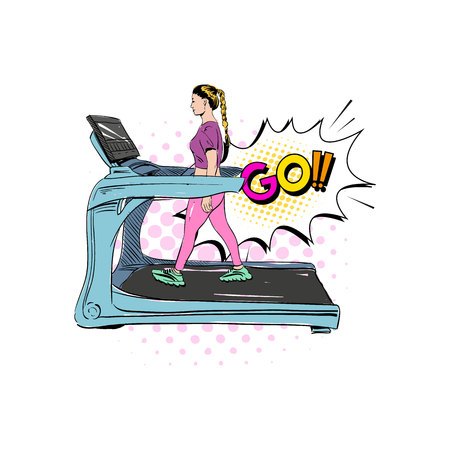 Woman engaged on the different training apparatus in the gym set. Hand drawn vector illustration.のイラスト素材