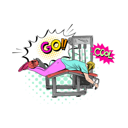Woman engaged on the different training apparatus in the gym set. Hand drawn vector illustration.のイラスト素材