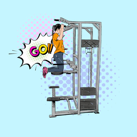 Woman engaged on the different training apparatus in the gym set. Hand drawn vector illustration.のイラスト素材
