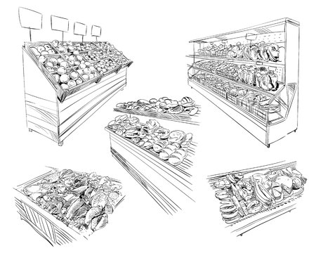 Beautiful showcases with food in supermarket.のイラスト素材