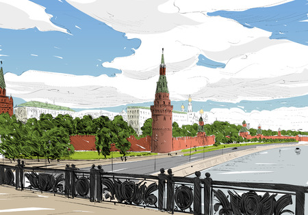 Russia. Moscow. Kremlin. Hand drawn vector illustration.のイラスト素材
