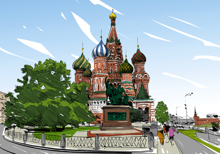 Russia. Moscow.Red square St. Basil's Cathedral. Hand drawn vector illustration.のイラスト素材