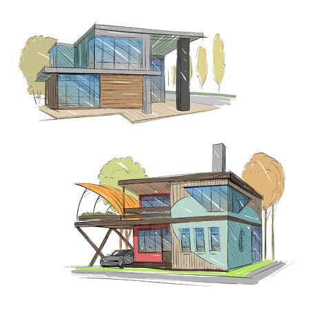 Hand drawn cottage house sketch design. Vector illustrationのイラスト素材