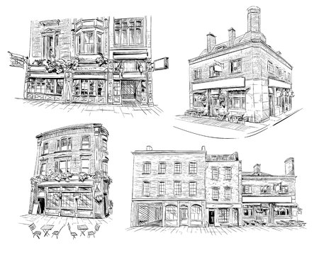Set of facades of London buildings, shop, store, cafe, pub. Hand drawn English architecture. Vector illustrationのイラスト素材