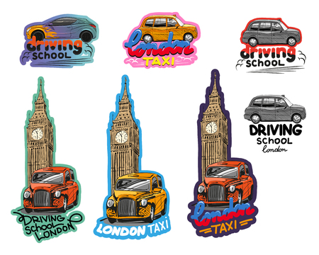 Car sticker, driving school, London cab taxi. Hand drawn vector illustrationのイラスト素材