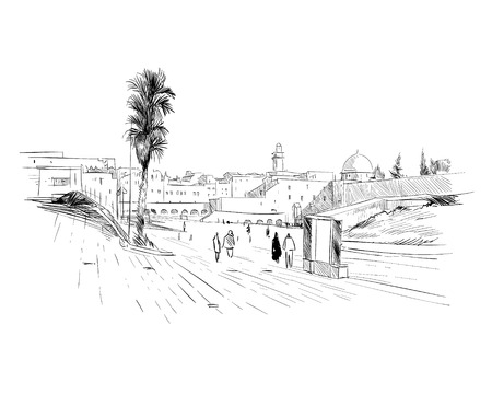 Israel. Jerusalem. Wall of Tears. Hand drawn sketch. Vector illustration.のイラスト素材