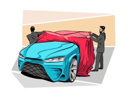 Car presentation of a new model is covered with a cloth. Hand drawn sketch design. Vector illustration.のイラスト素材