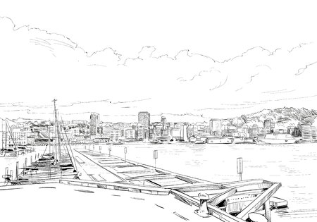 Wellington. New Zealand. Hand drawn city sketch. Vector illustration.のイラスト素材
