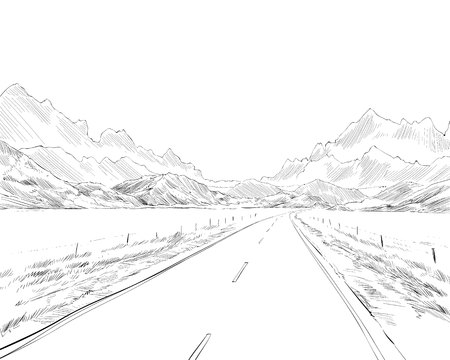 New Zealand.Road among the mountains. Beautiful landscape. Hand drawn vector illustration.のイラスト素材