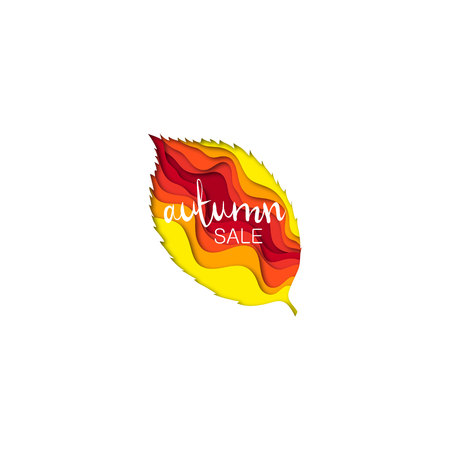 Paper cut autumn leaf shape 3D design. Template of lettering for postcard, banner, poster, placard. Colorful vector illustration.のイラスト素材