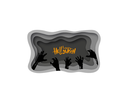 Paper cut Halloween backgrounds. Zombie hands template party invitation. Trendy vector illustration.のイラスト素材