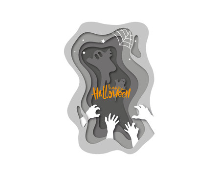 Paper cut Halloween backgrounds. Zombie hands template party invitation. Trendy vector illustration.のイラスト素材