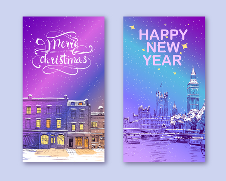 Trendy cover template. Winter city. Merry Christmas and New Year card design. London Great Britain.のイラスト素材