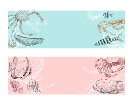 Seafood, fish, corals and seashells template banner set. Restaurant and cafe menu hand drawn sketch. Ticket to the aquarium design backgrounds.のイラスト素材