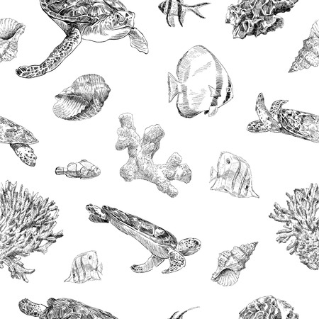 Seamless hand drawn seashells, fish, crabs, corals pattern backgrounds. Marine theme wallpaper. Vector illustration.のイラスト素材