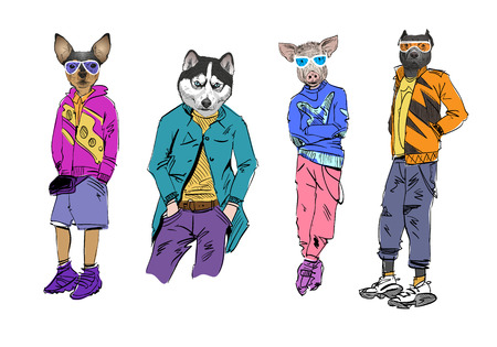 Different fashion models with animal heads set. Modern clothes. Template sketch vector illustration.のイラスト素材