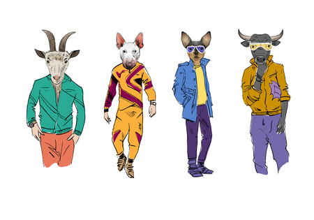 Different fashion models with animal heads set. Modern clothes. Template sketch vector illustration.のイラスト素材