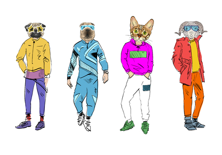Different fashion models with animal heads set. Modern clothes. Template sketch vector illustration.のイラスト素材