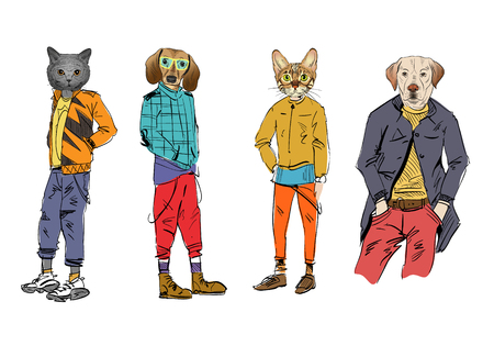 Different fashion models with animal heads set. Modern clothes. Template sketch vector illustration.のイラスト素材