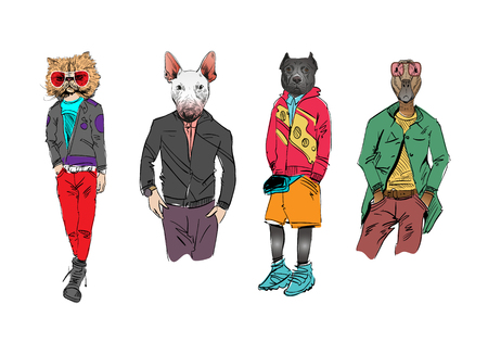 Different fashion models with animal heads set. Modern clothes. Template sketch vector illustration.のイラスト素材