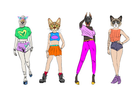 Different fashion models with animal heads set. Modern clothes. Template sketch vector illustration.のイラスト素材