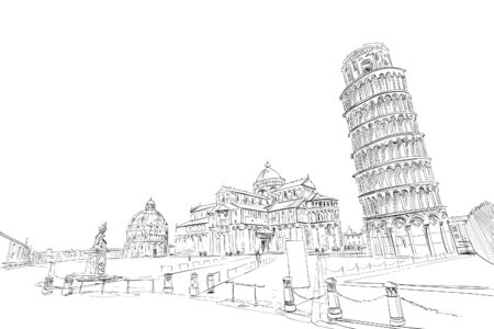 Baptistery in Pisa. Pisa Cathedral. Leaning tower of Pisa. Pisa. Italy Hand drawn sketch. Vector illustration.のイラスト素材