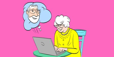 Elderly woman communicates on the internet. Comics cartoon vector illustrationのイラスト素材