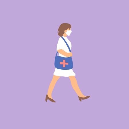 Female doctor walking in antivirus mask. Flat vector illustration.のイラスト素材
