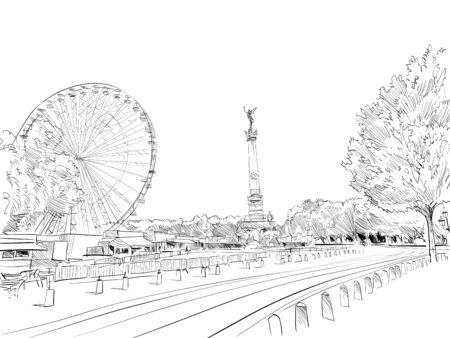 Quinconce Square. The Girondists monument. Bordeaux. France Hand drawn sketch. Vector illustration.のイラスト素材