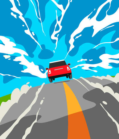 Red car drives on the road leaving into the distance against the backdrop of clouds. Hand drawn cartoon vector illustration.のイラスト素材