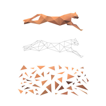Polygonal puzzle game. Constructor from triangles. Collect a cheetah. intellectual development. poly art concept. Business idea for creative anti stress activity.のイラスト素材