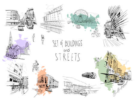 Set of buildings and streets, architectural facade elements hand drawn sketch. Andorra. Art vector illustration.のイラスト素材