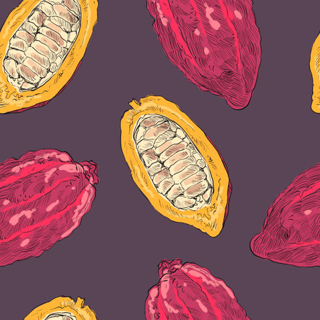 Tropical seamless pattern backgrounds from cocoa beans, cacao leaves and flowers. wallpaper template design. hand drawn vector illustration.のイラスト素材