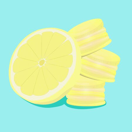 Lemon macaroons. Vector traditional french cookies in cartoon style. Composition of lemon and macaroon isolated on colorful background. Banner with almond cookies.のイラスト素材